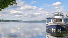 MS Princess Kreuzfahrtschiff am ruhigen See mit perfekten Spiegelungen. Blauer Himmel mit weißen Wolken, grüne Bäume am Ufer, Schwan schwimmt.