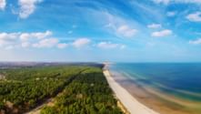 Aerial view of Usedom's coastline with sandy beach, dense forest, and turquoise Baltic Sea under blue sky with white clouds.