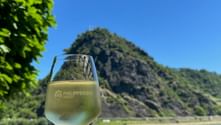 Glas Weißwein auf einer Terrasse mit Blick auf den Loreley-Felsen und den Rhein, mit grünem Weinlaub und blauem Himmel.