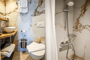 Compact bathroom with marble-effect tiles, wooden vanity with white basin, wall-mounted toilet, and glass-enclosed shower with chrome fixtures.