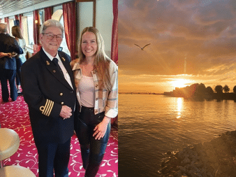 Split image: left shows ship captain in uniform with female guest in ship interior; right shows golden sunset over water with bird in flight.