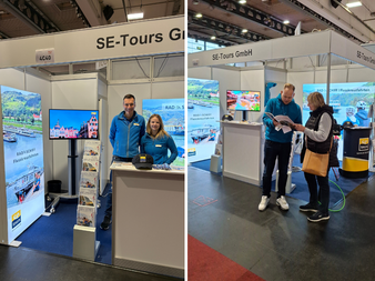 SE-Tours GmbH Messestand mit Mitarbeitern in blauen Jacken im Gespräch mit Besuchern. Displays zeigen Radtour-Bilder und Broschüren.