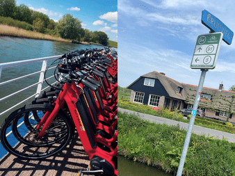 Split image: red rental bikes on ferry deck by water, and cycling junction sign showing routes 54, 97, and 6 near Dutch house with thatched roof.