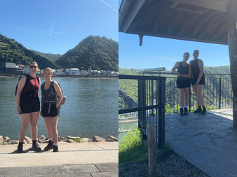 Zwei Fotos: Ricarda und Sophie am Rhein in St. Goar und auf einem überdachten Aussichtspunkt mit Blick auf das Flusstal.