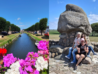 Zwei Bilder: von Bäumen gesäumter Kanal mit bunten Blumen in Stavoren und drei Frauen am Roode Klif Steinmonument unter blauem Himmel.