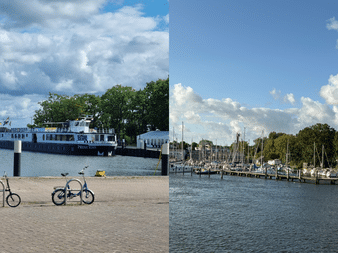 Geteilte Ansicht: Links Princess Fähre am Kai mit Fahrrädern auf Uferpromenade. Rechts Yachthafen mit Segelbooten an Holzstegen.