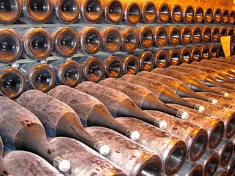 Reihen staubiger Champagner-Flaschen horizontal in Metallregalen im Weinkeller gelagert, traditioneller Reifeprozess.