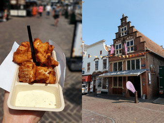 Split image: left shows fried fish pieces with sauce in a container, right displays a traditional Dutch brick building with stepped gable facade.