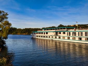 MS Switzerland Flusskreuzfahrtschiff mit weißem Rumpf und grün-türkisen Akzenten auf ruhigem Fluss unter blauem Himmel, umgeben von Bäumen.