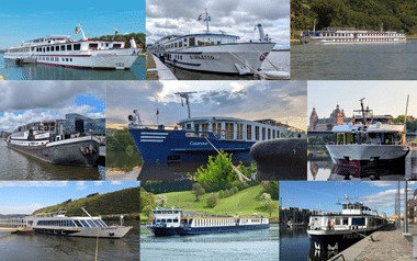 Collage aus neun Flusskreuzfahrtschiffen in verschiedenen Umgebungen, die unterschiedliche Schiffsdesigns an Häfen und auf Wasserstraßen zeigen.