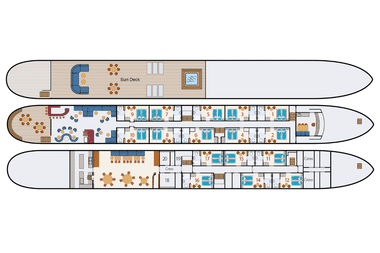 Drei-Deck-Layout des Schiffes Magnifique X mit nummerierten Kabinen, Essbereichen, Sonnendeck und Gemeinschaftsräumen auf allen Ebenen.
