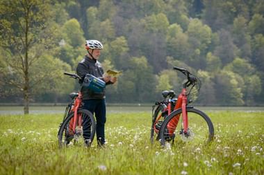 Radfahrer mit Helm liest Karte neben rotem Fahrrad in blühender Wiese mit bewaldeten Hügeln im Hintergrund an der Donau.