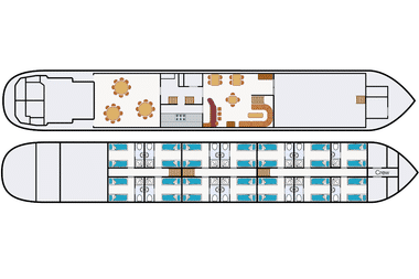 Kabinenplan der Clair de Soleil mit zwei Ebenen: Oberdeck mit Essbereich und Lounge, Unterdeck mit Passagierkabinen und Bädern.