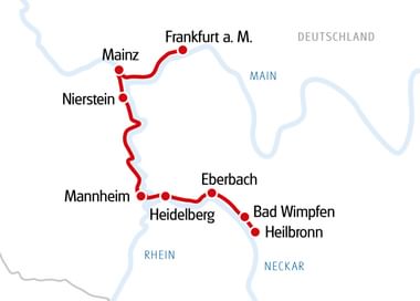 Radroute durch Deutschland mit rotem Weg von Frankfurt über Mainz, Nierstein, Mannheim, Heidelberg, Eberbach nach Bad Wimpfen und Heilbronn.