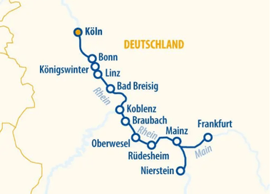 Map showing cycling route from Cologne to Frankfurt along Rhine and Main rivers, passing through Bonn, Königswinter, Linz, Bad Breisig, and other towns.