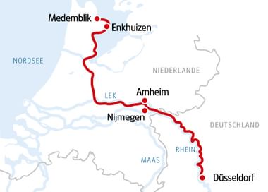 Karte mit roter Route von Düsseldorf über Arnheim und Nijmegen nach Enkhuizen und Medemblik entlang Rhein, Maas und Lek in den Niederlanden.