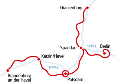 Karte mit einer Rundradroute, die Berlin, Oranienburg, Spandau, Potsdam, Brandenburg an der Havel und Ketzin/Havel entlang der Spree und Havel verbindet.