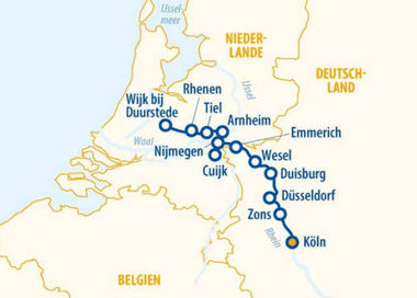 Map showing cycling route from Cologne through Düsseldorf, Duisburg, Wesel, Emmerich, Arnheim, Nijmegen, Cuijk, Tiel, Rhenen to Wijk bij Duurstede along Rhine and Waal.