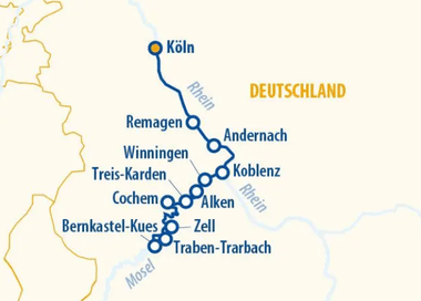 Karte mit Radroute entlang Rhein und Mosel von Köln über Remagen, Andernach, Koblenz, Cochem bis Traben-Trarbach in Deutschland.