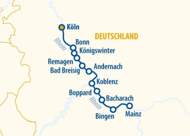 Map showing Rhine River route through Germany with stops at Cologne, Bonn, Königswinter, Remagen, Bad Breisig, Andernach, Koblenz, Boppard, Bacharach, Bingen, and Mainz.