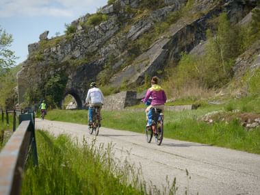 Drei Radfahrer fahren auf asphaltiertem Radweg entlang der Donau mit historischem Steinbrückenbogen und Felswand im Hintergrund.