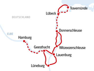 Karte mit Kreuzfahrtroute von Hamburg über Lübeck, Travemünde, Donnerschleuse, Witzeezerschleuse, Lauenburg, Lüneburg, Geesthacht zurück nach Hamburg.