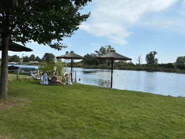 Grüne Wiese mit Baum und Sonnenschirmen neben einem Naturbad in Schwedt. Menschen entspannen auf der Wiese, Schwimmer im Wasser.