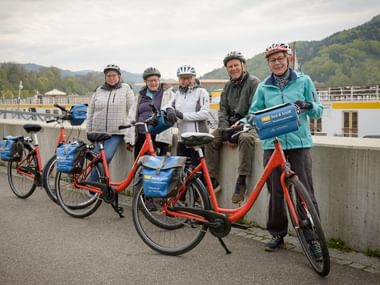 Fünf Radfahrer mit Helmen stehen mit roten Leihrädern auf einer Betonbrücke über der Donau, bewaldete Hügel im Hintergrund.