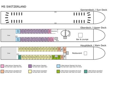 Deck plan of MS Switzerland showing three decks: Sun Deck, Upper Deck with cabins and bar, and Main Deck with cabins and restaurant.