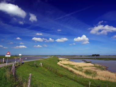 Grüner grasbewachsener Deich mit Warnschild im Oosterschelde-Nationalpark, Zeeland. Gezeitenwasser auf beiden Seiten unter blauem Himmel.