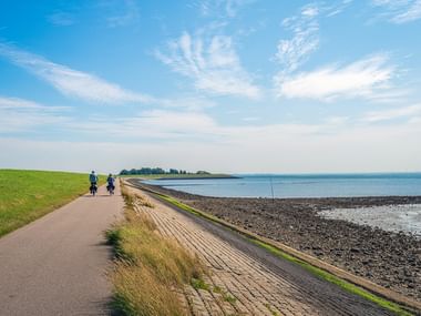Zwei Radfahrer auf asphaltiertem Weg entlang Küstendeich in Zeeland. Grüne Grasflächen treffen auf felsige Küste unter blauem Himmel.