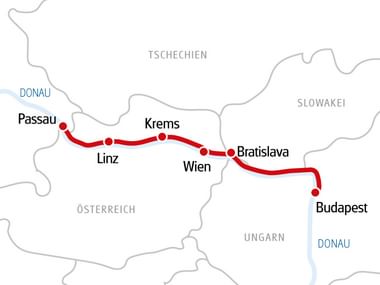 Karte der Donau-Kreuzfahrtroute von Passau über Linz, Krems, Wien, Bratislava nach Budapest und zurück, rot markiert.