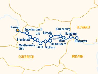 Karte der Donaukreuzfahrt von Passau nach Bratislava durch Österreich mit Stopps in Linz, Wien und Hainburg.
