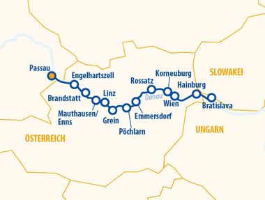 Karte der Donau-Kreuzfahrtroute von Passau durch Österreich nach Bratislava mit Stopps in Linz, Wien und Hainburg.