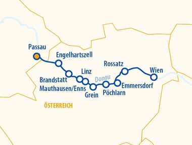 Karte mit Radroute entlang der Donau von Passau nach Wien über Engelhartszell, Linz, Grein, Pöchlarn, Rossatz und Emmersdorf.