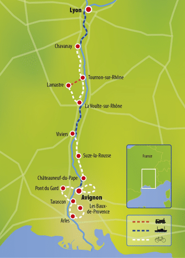 Karte mit Radroute entlang der Rhône von Arles nach Lyon über Avignon, mit roten Punkten für Stationen wie Tarascon und Châteauneuf-du-Pape.