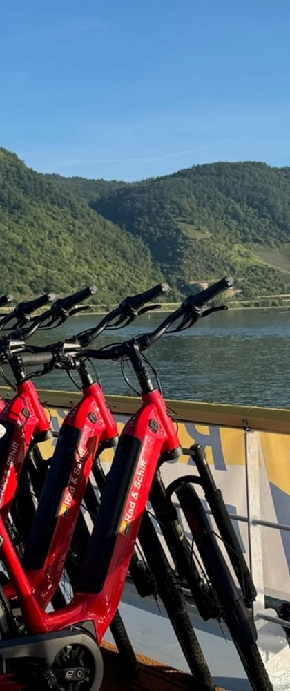 Row of red bicycles on a cruise ship deck on the Rhine River with green hills and vineyards in the background under blue sky.