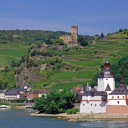 Pfalzgrafenstein Castle on Rhine island with terraced vineyards on hillsides and medieval ruins on hilltop in background.