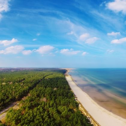 Luftaufnahme der Küste von Usedom mit Sandstrand, dichtem Wald und türkisfarbener Ostsee unter blauem Himmel mit weißen Wolken.