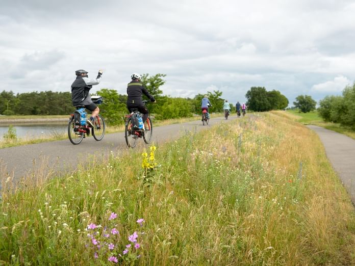 Gruppe von Radfahrern auf gepflastertem Weg neben Gewässer mit Wildblumen im Vordergrund. Bäume und bewölkter Himmel in ländlicher Landschaft.
